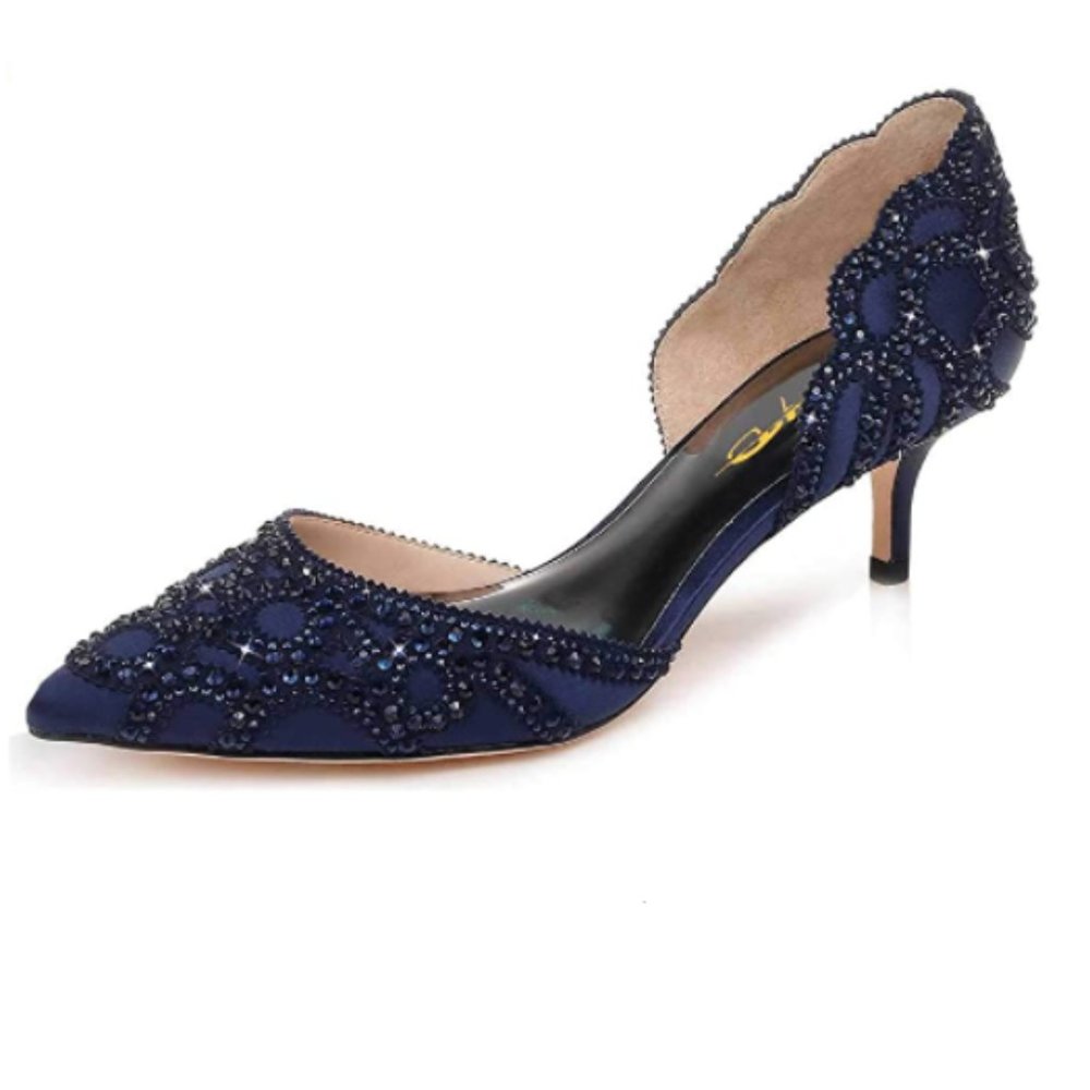 XYD Navy Rhinestones Kitten Heels Pumps